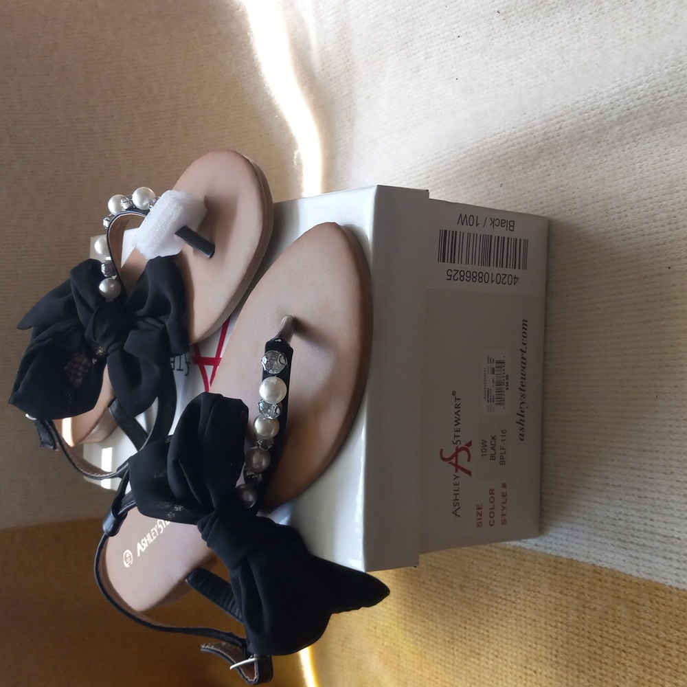 flat black embellished faux pearl and diamond sandal size 10